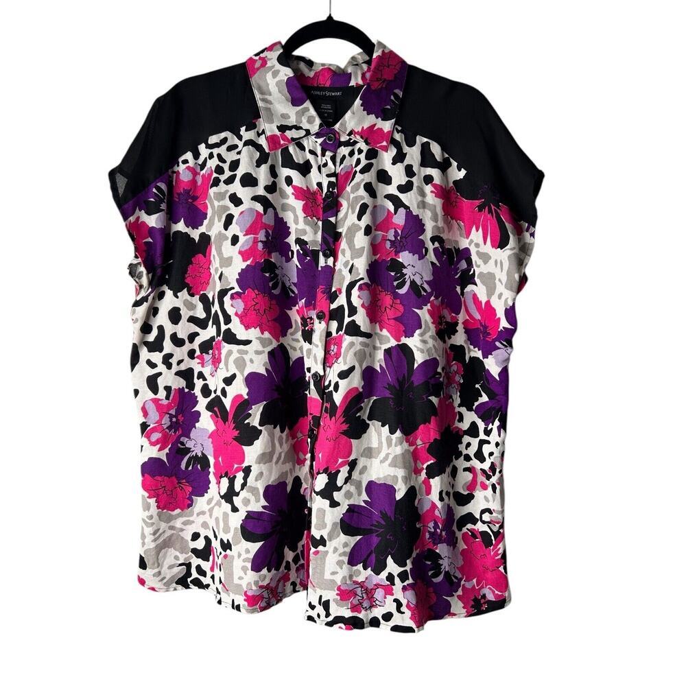 Ashley Stewart Top Size 18 Purple Pink Multicolor Floral Short Sleeve‎ Lace Trim